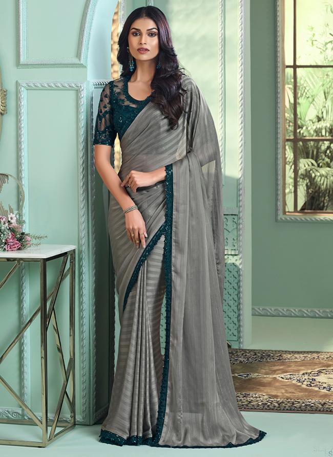 Georgette Grey Party Wear Embroidery Work Saree